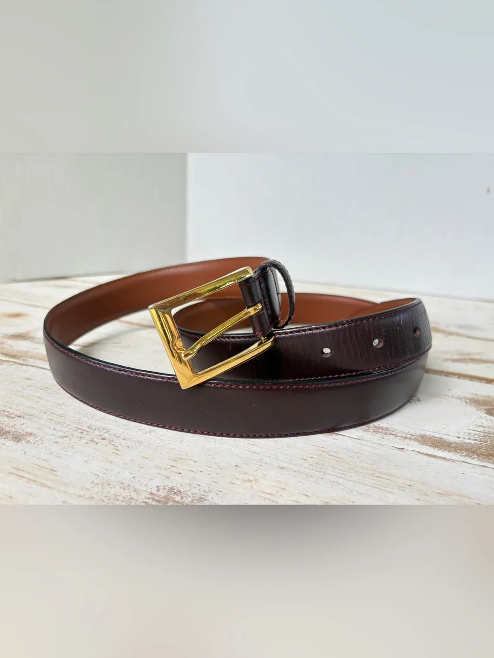 Brooks Brothers 346 burgundy leather dress belt gold tone Italy sz 42 EUC